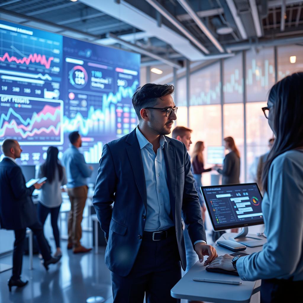A modern business world where technology meets creativity, showcasing the integration of artificial intelligence and big data in the corporate sector