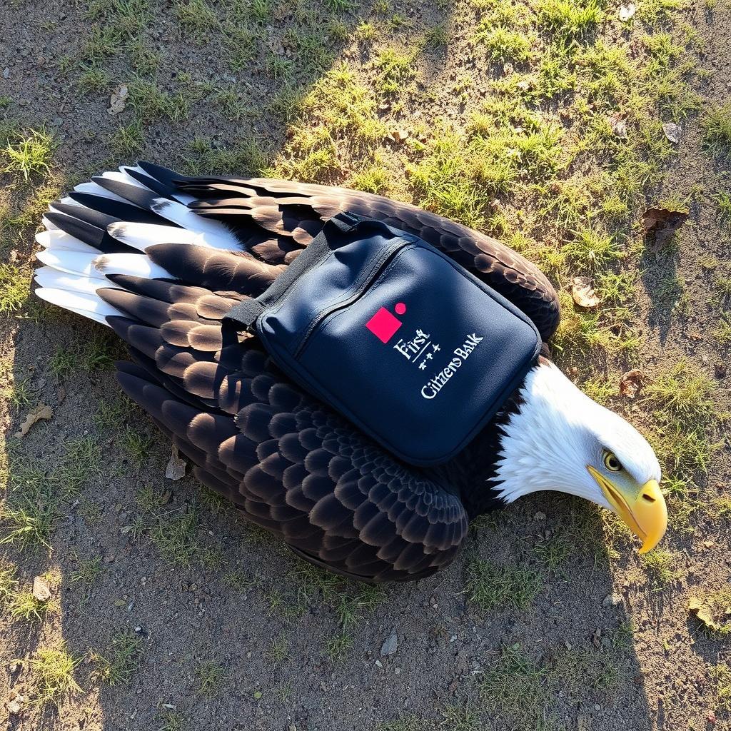 A deceased bald eagle lying on the ground, with its wings slightly spread and a backpack from First Citizens Bank strapped to its back