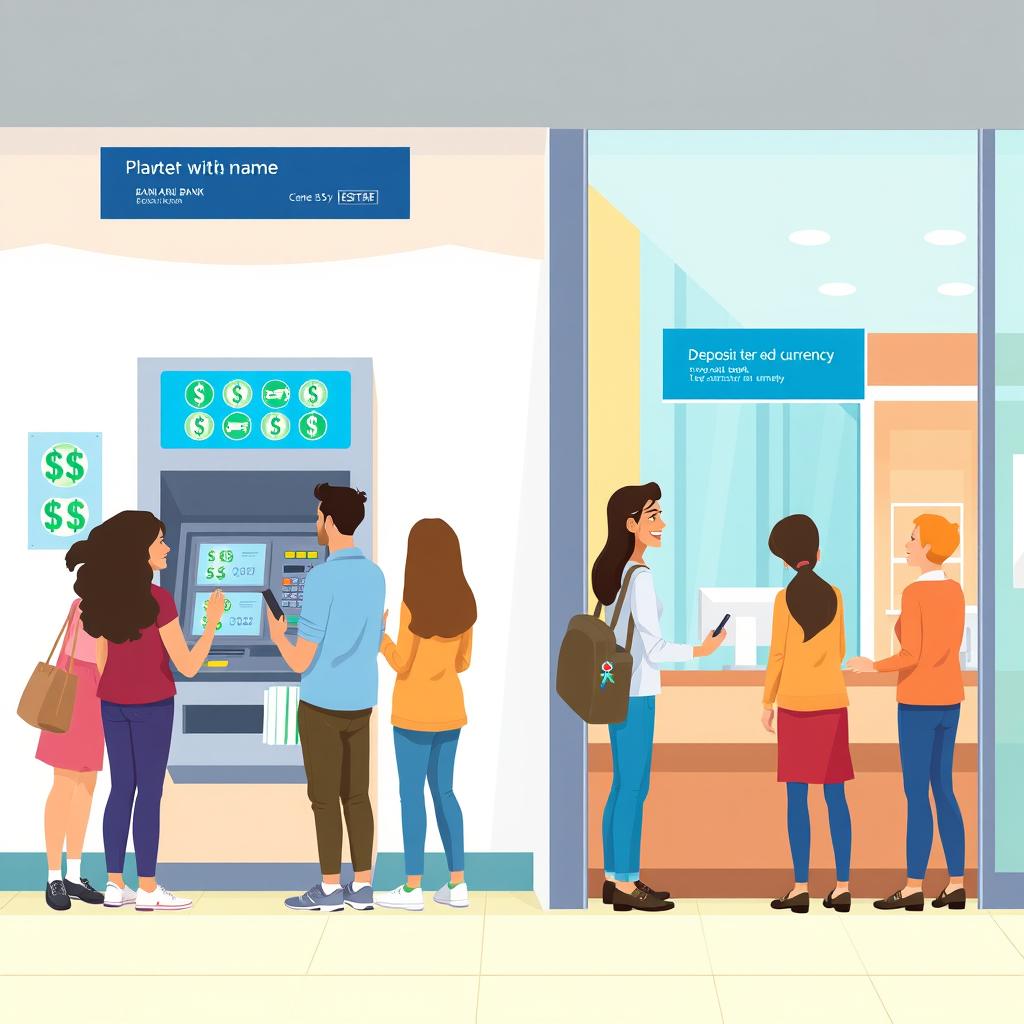 A visually engaging illustration depicting the processes of withdrawing and depositing currency in a modern bank setting