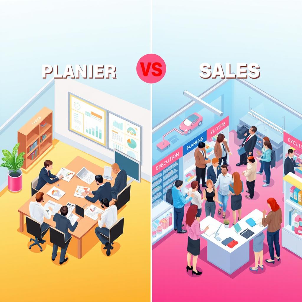 An engaging illustration depicting the difference between business management and sales, featuring two distinct sections
