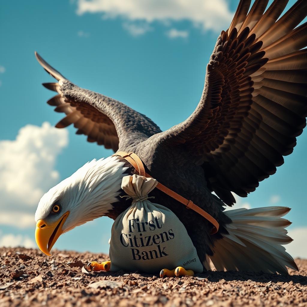 A dramatic scene capturing a bald eagle crash landed on the ground, with a large money bag emblazoned with the First Citizens Bank logo strapped to its back