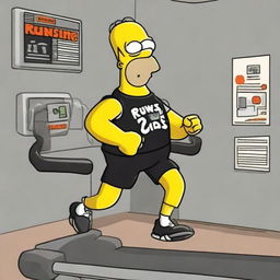 Homer Simpson running on a treadmill, wearing a black vest emblazoned with the word 'Runfast'