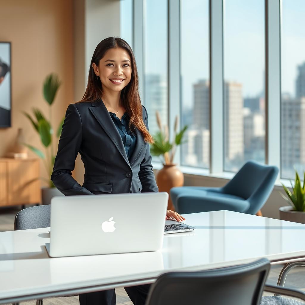 A professional business setting featuring a confident young woman in a smart tailored suit standing at a sleek modern desk with a laptop open in front of her
