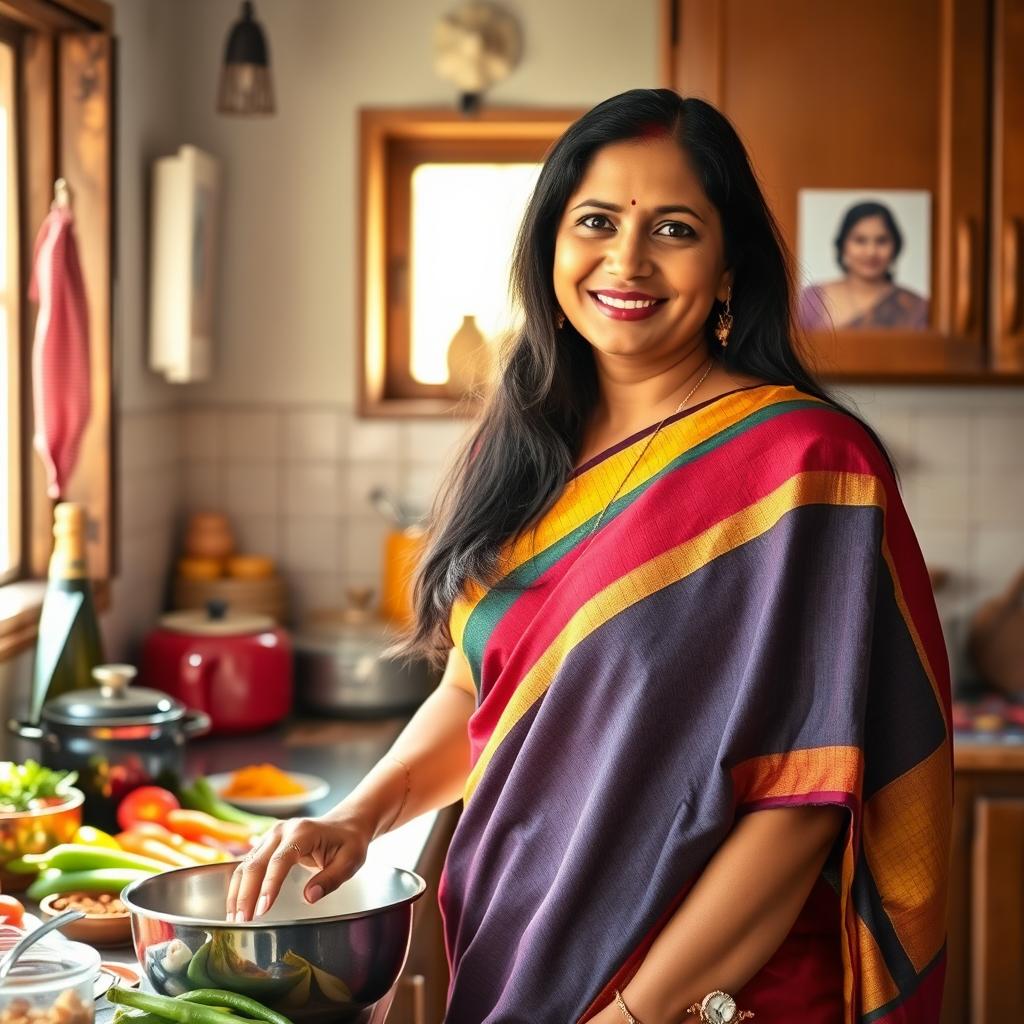 A Tamil mother, dressed in a traditional sari, standing in a home kitchen filled with vibrant spices and vegetables