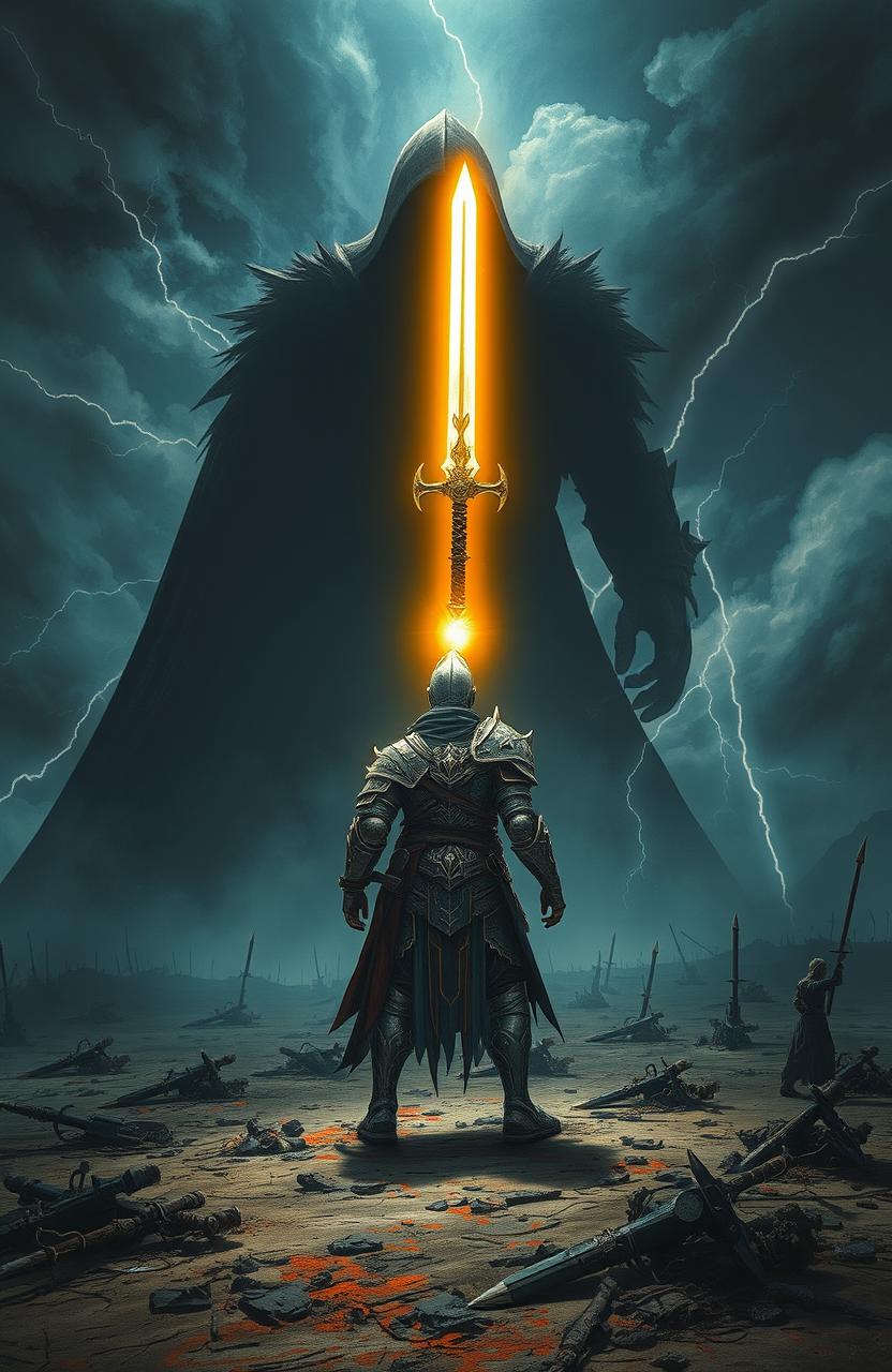 A dramatic scene depicting a lone warrior standing against a menacing dark shadow that looms over a desolate battlefield
