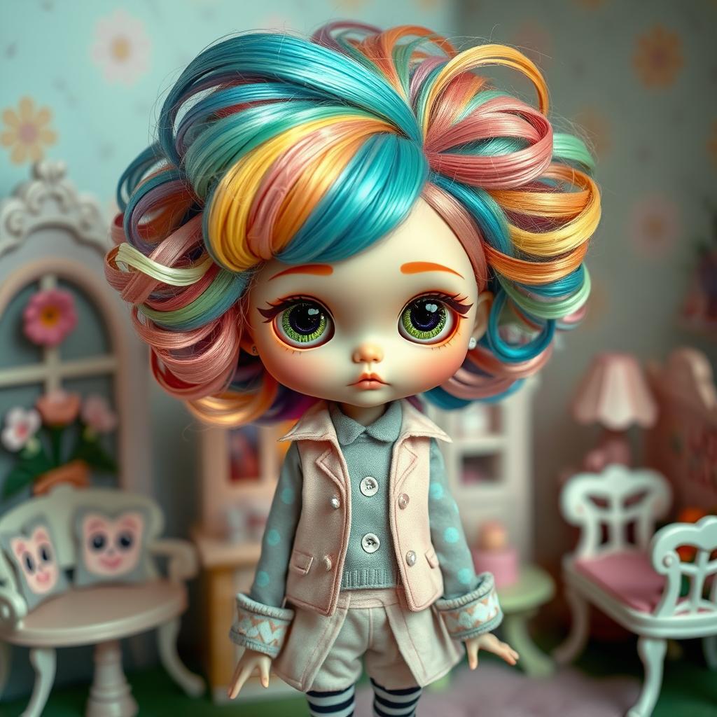 A person transformed into a Blythe doll, featuring oversized head, big sparkling eyes with unique expressions, vibrant colorful hair styled in elaborate fashion, wearing a fashionable outfit with a playful pattern, and standing in a whimsical toy-like setting with soft pastel colors and enchanting elements like flowers and miniature furniture