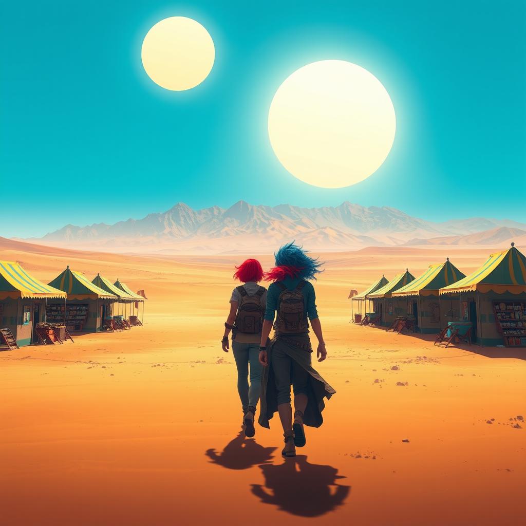 A vibrant and expansive landscape of a desert planet with two bright suns shining in a clear blue sky