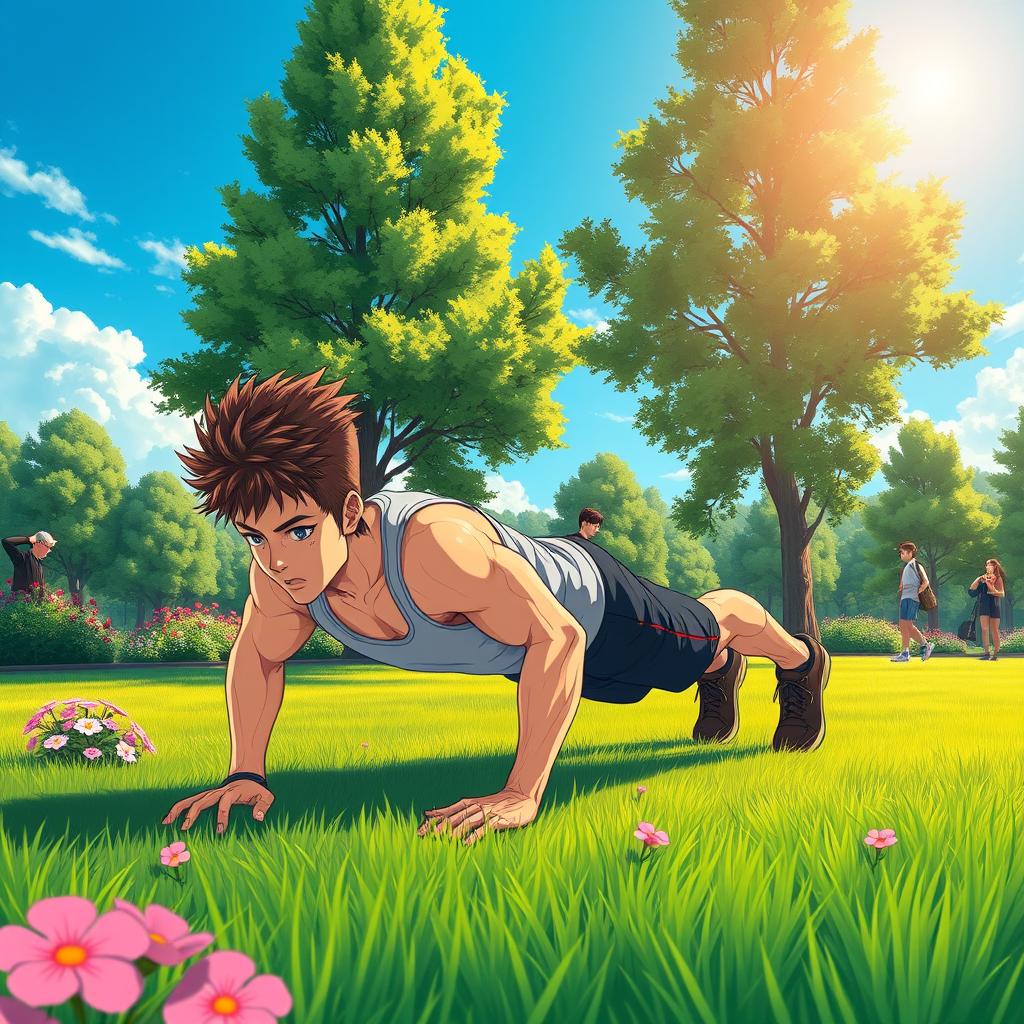 A man doing push-ups in a park, illustrated in vibrant anime style