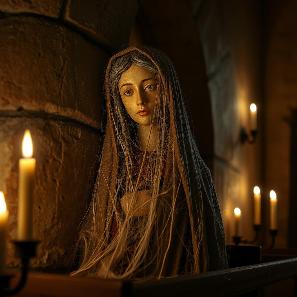 An old statue of a Virgin Mary covered in cobwebs, with gray hair, displayed on a shelf inside an ancient chapel
