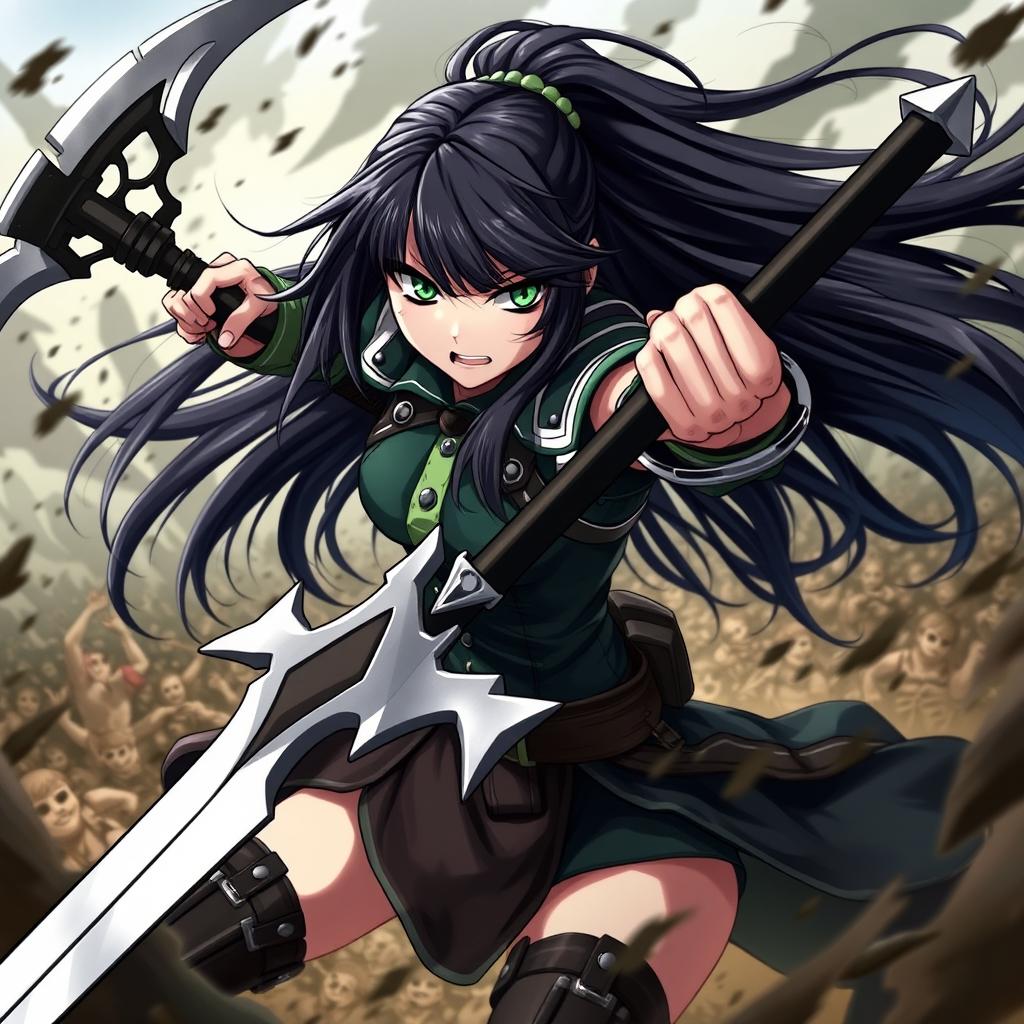 A fierce and dynamic scene featuring a strong female character reminiscent of Carolina from 'Shingeki no Kyojin'