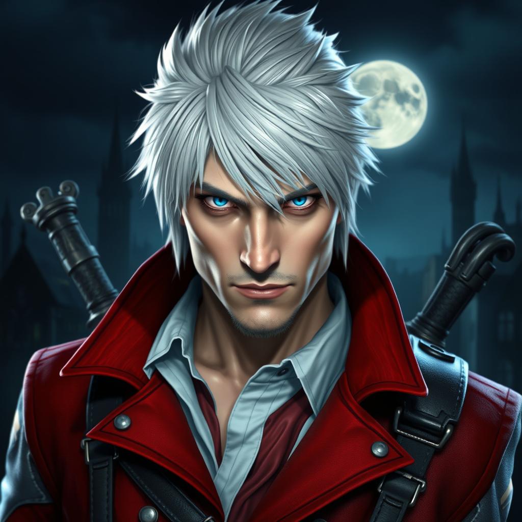 A hyper-realistic portrait of Dante Sparda from Devil May Cry 5, showcasing his signature white hair and red coat