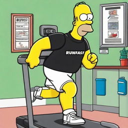 Homer Simpson running on a treadmill, wearing a black vest emblazoned with the word 'Runfast'