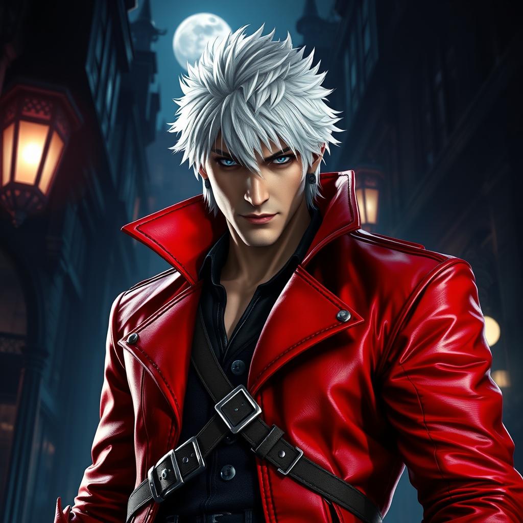 A hyper-realistic depiction of Dante Sparda from Devil May Cry 5, featuring his iconic white hair and striking red leather coat