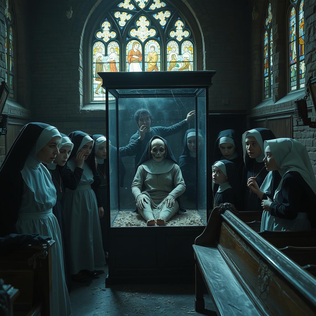 A scene featuring terrified nuns and young girls peering at a mummified nun displayed in a glass case within an old chapel