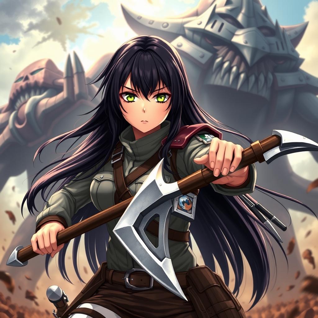 A powerful scene depicting a female character inspired by Carolina from 'Shingeki no Kyojin'