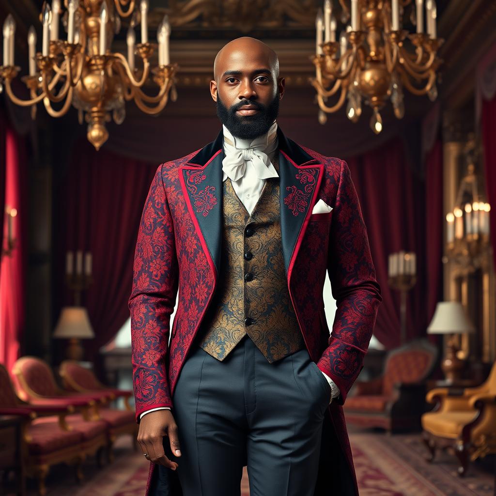 In a sumptuous Victorian setting, a black man with a sharp, well-groomed black beard and a completely bald head stands confidently