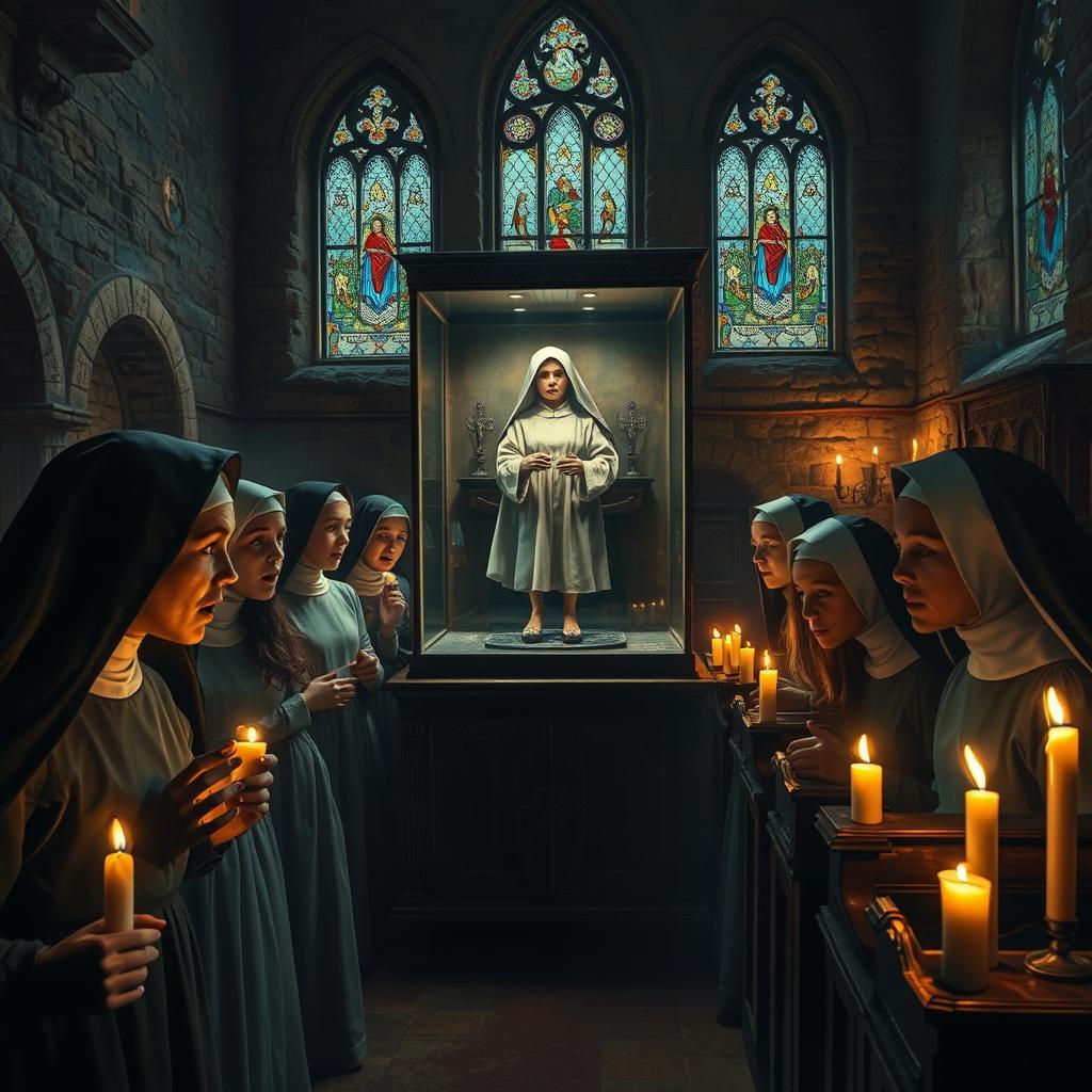 A scene depicting terrified nuns and young girls, observing a standing mummified nun inside a glass display case within an old chapel