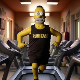 Homer Simpson jogging on a treadmill, clothed in a black vest which displays the phrase 'Runfast'