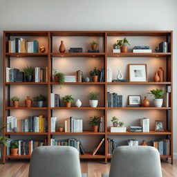 A professional Zoom background featuring a neatly organized bookshelf filled with a variety of books, plants, and decorative items