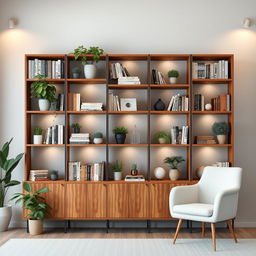 A professional Zoom background featuring a neatly organized bookshelf filled with a variety of books, plants, and decorative items
