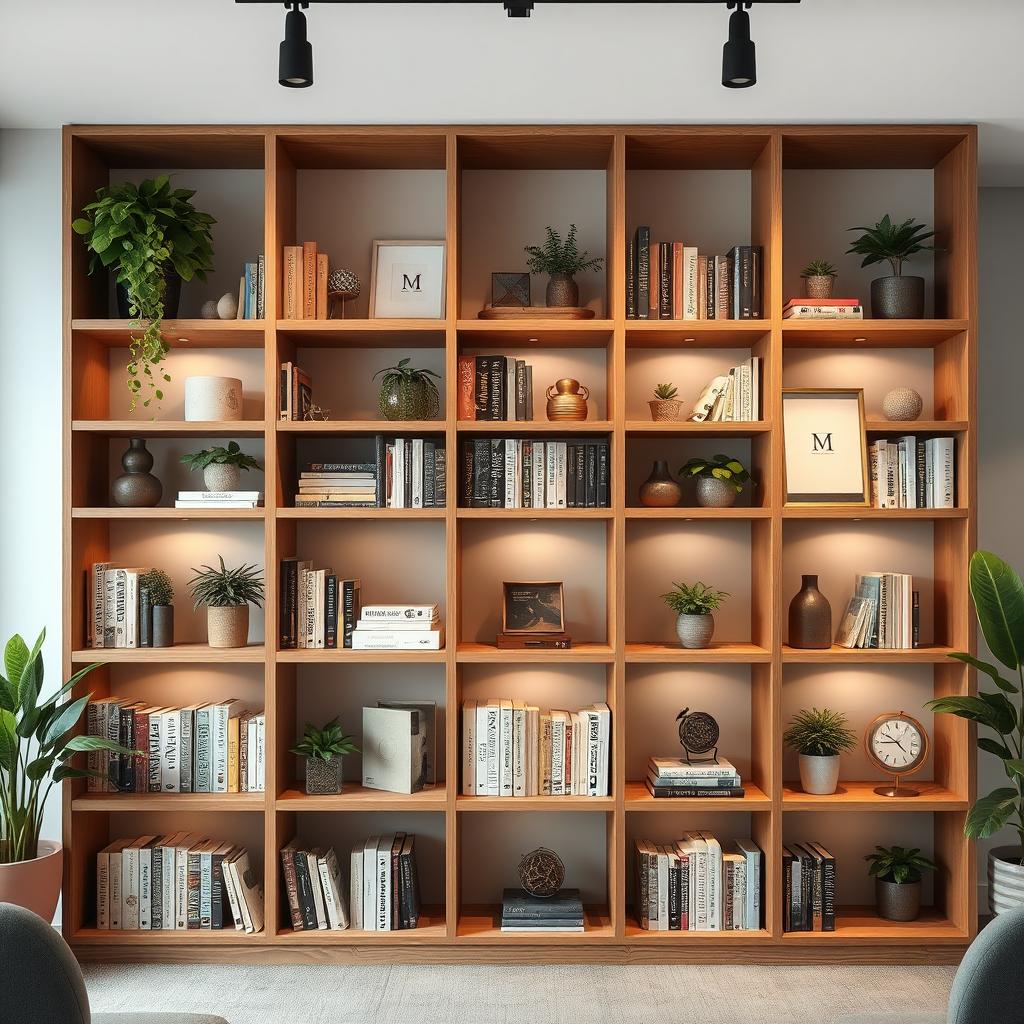 A professional Zoom background featuring a neatly organized bookshelf filled with a variety of books, plants, and decorative items