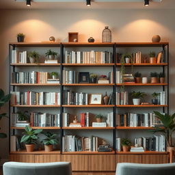 A professional Zoom background featuring a neatly organized bookshelf filled with a variety of books, plants, and decorative items