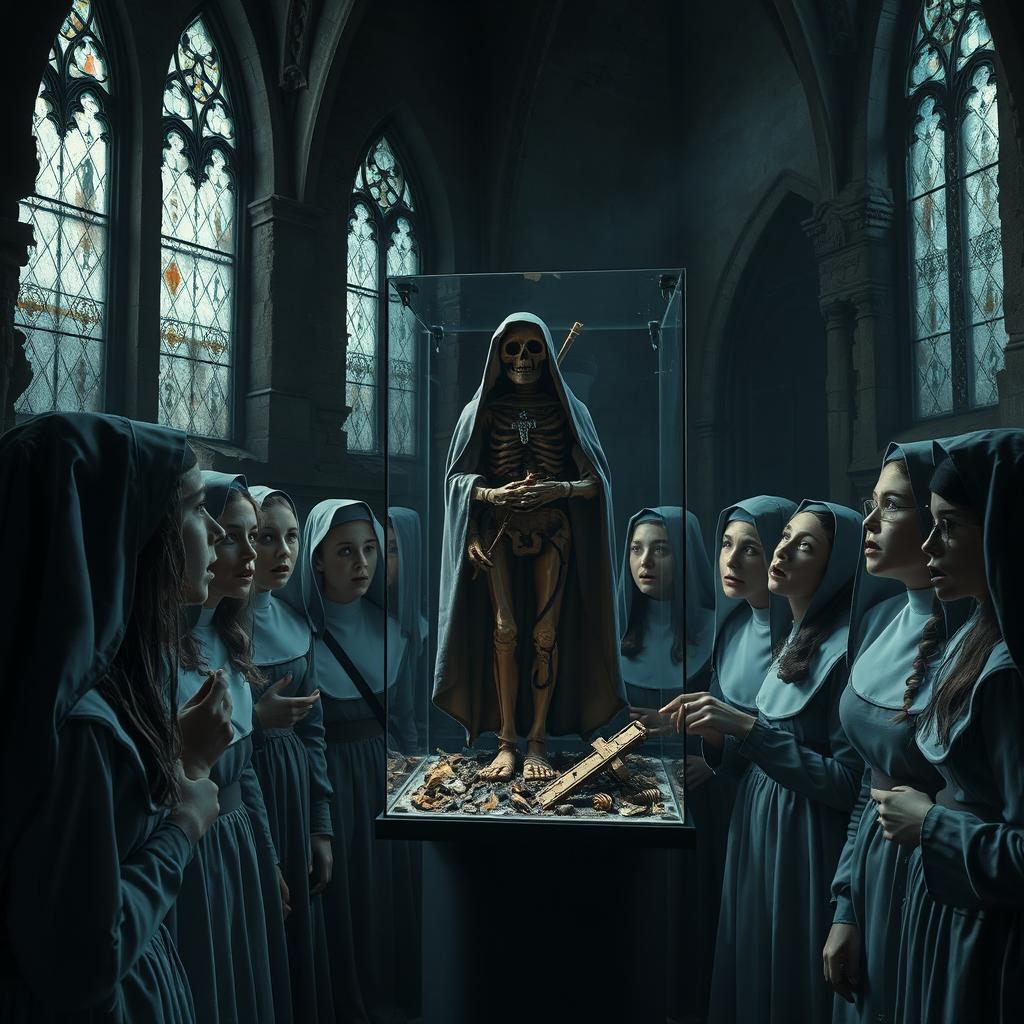A group of terrified schoolgirls and nuns are gazing in horror at a standing mummy of a nun displayed inside an old, dimly lit chapel