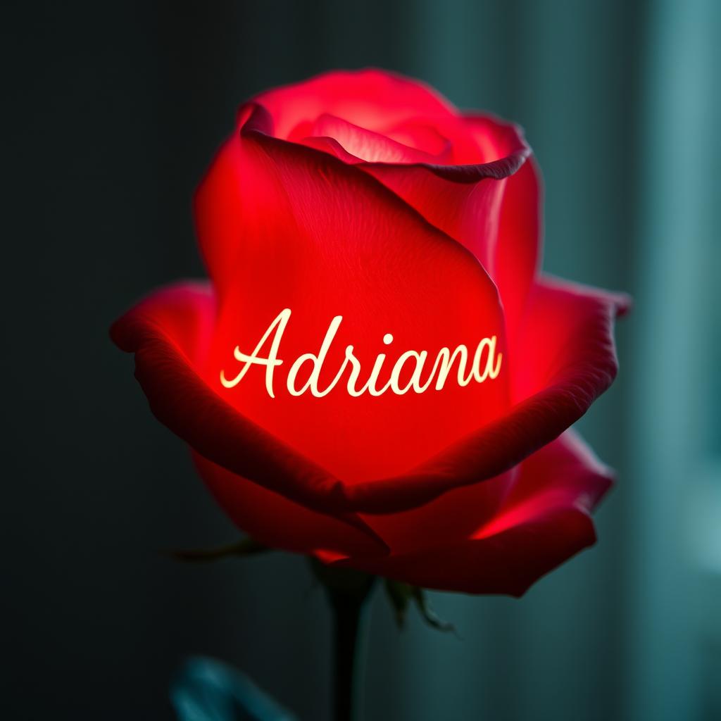 A beautiful rose glowing with vibrant light, engraved with the name 'Adriana'