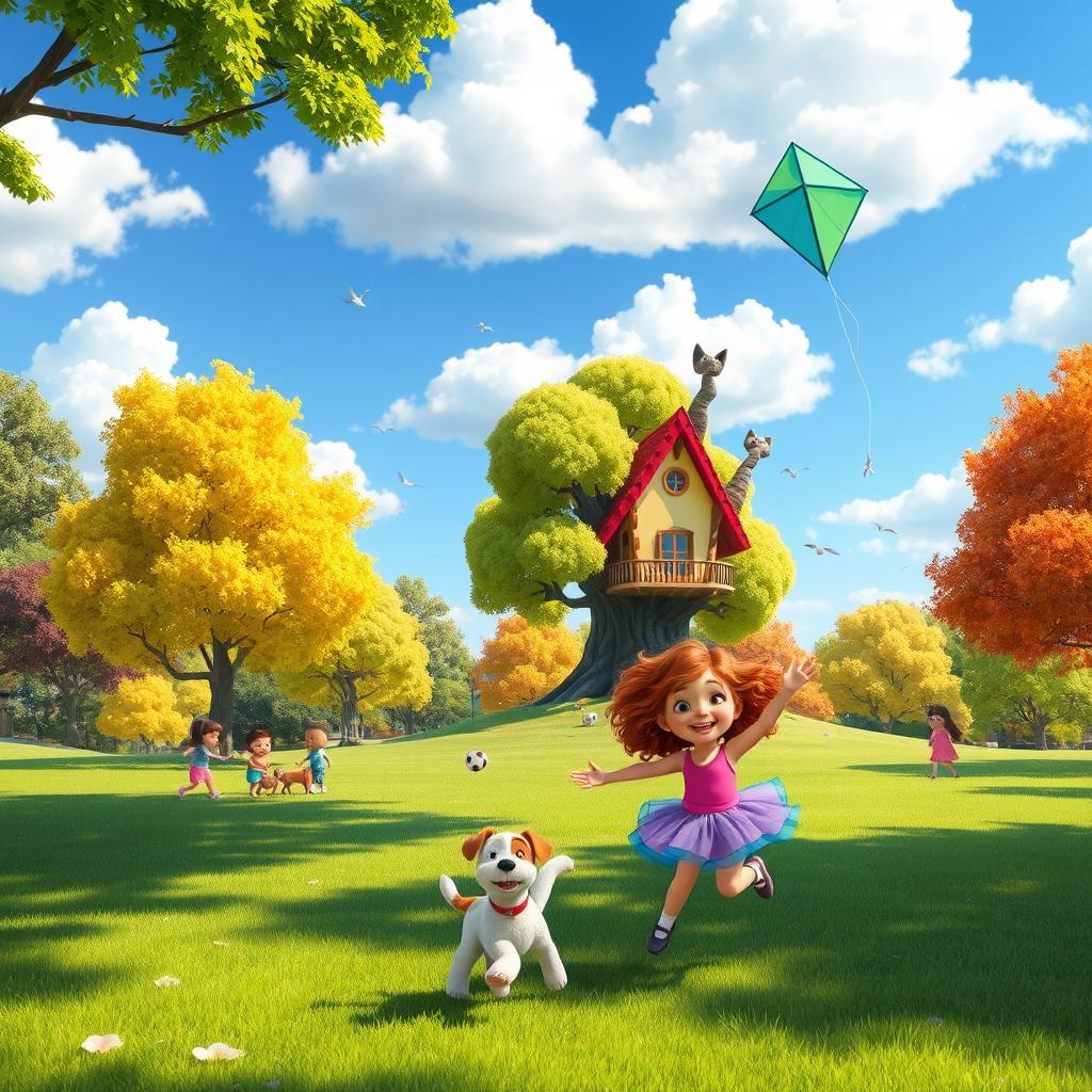 A vibrant Pixar-style scene featuring a sunny park with colorful trees, children playing, and various animated animals