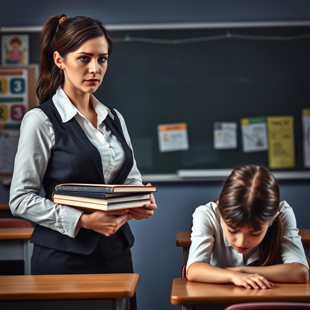 A dramatic classroom scene depicting a stern female teacher, dressed in a professional outfit, standing before a young female student who looks remorseful