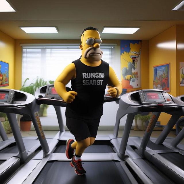 Homer Simpson jogging on a treadmill, clothed in a black vest which displays the phrase 'Runfast'