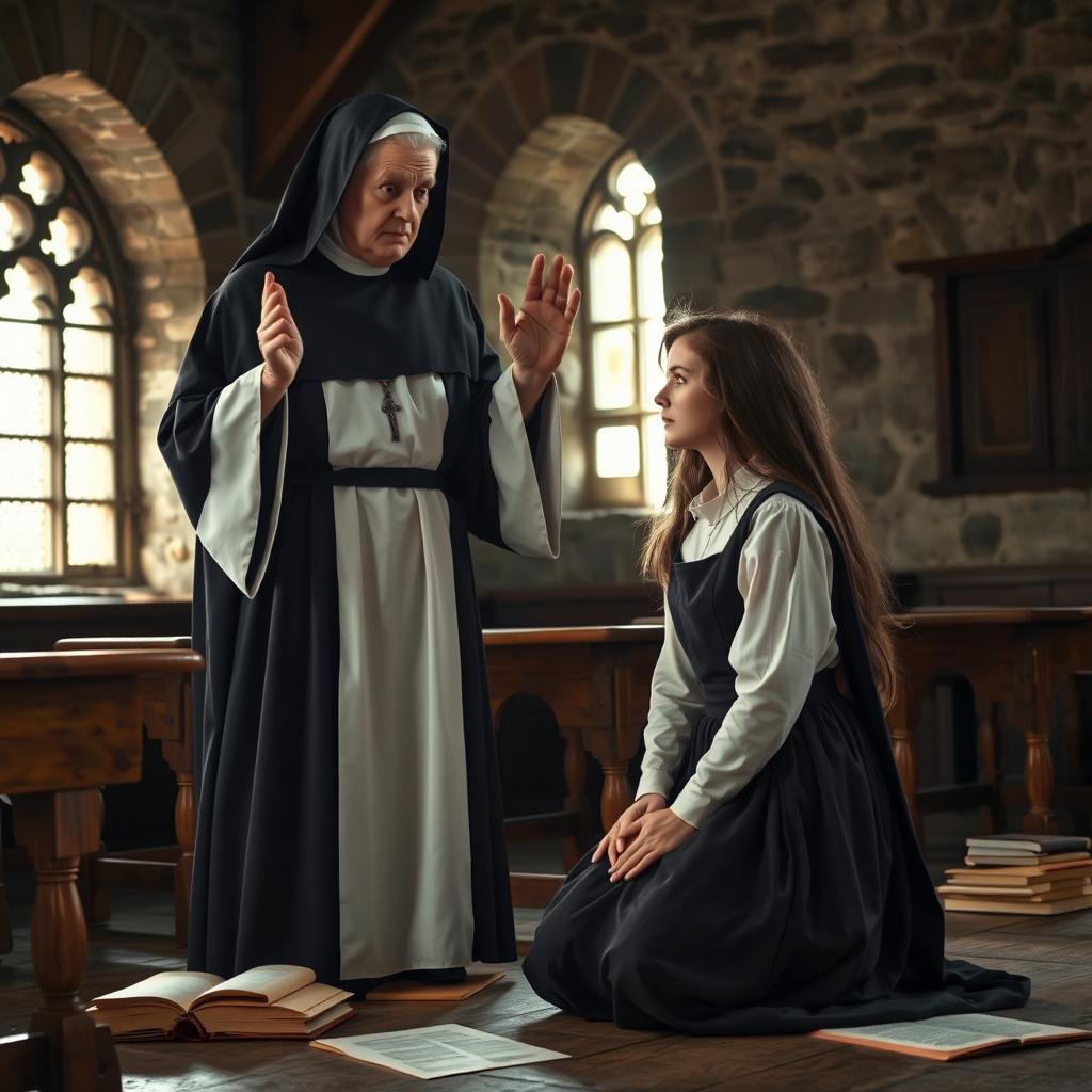 A dramatic scene inside a medieval classroom with a stern, older nun in traditional black and white robes, her face showing strict disapproval