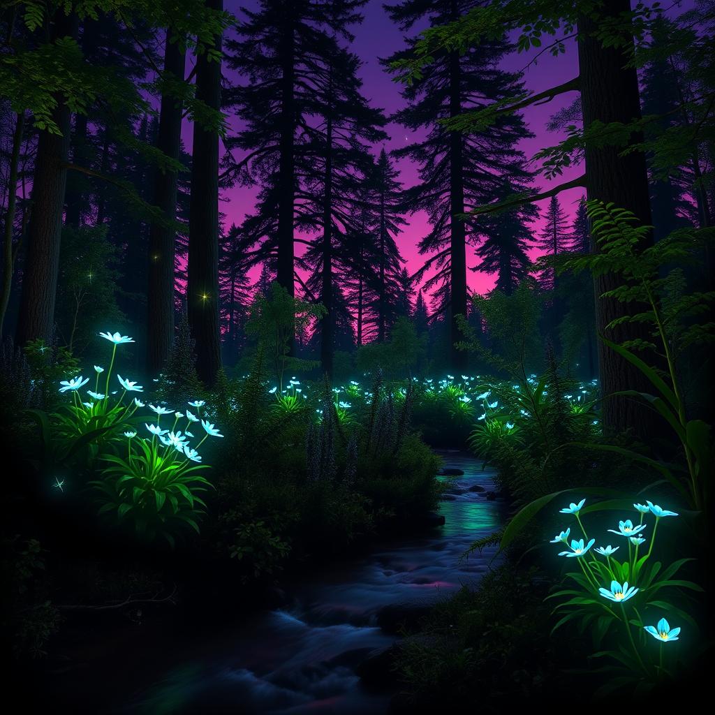 A serene and magical forest scene at twilight, featuring bioluminescent plants and flowers glowing softly in hues of blue and green