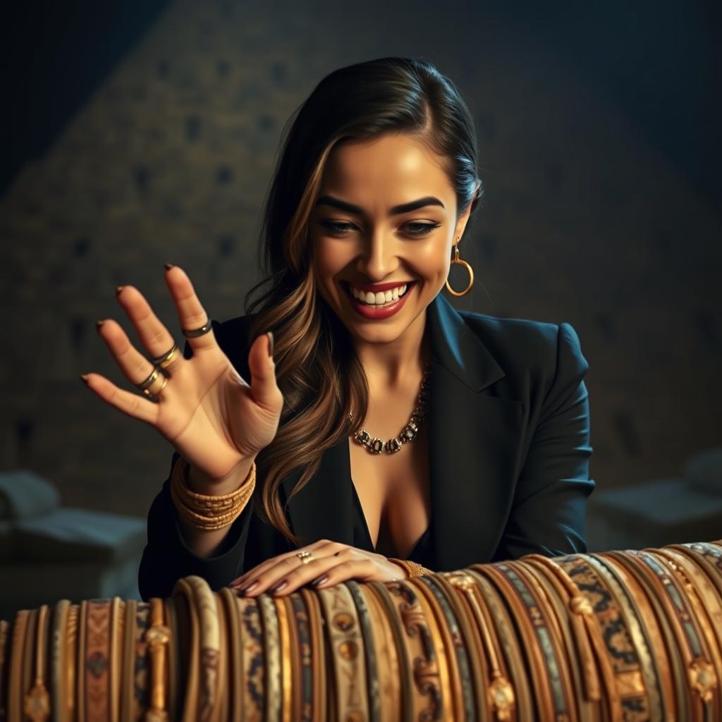 A stunning and surreal image depicting a beautiful, elegant woman, possibly an alumna, engaging in an unusual and fantastical scene where she is playfully interacting with the hands of an ancient mummy