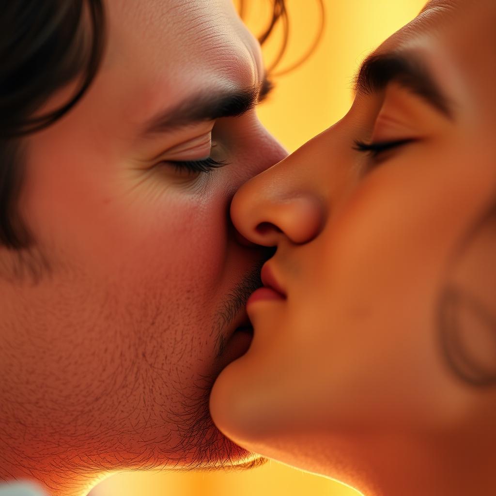 A close-up portrait of a man’s face captured in a moment of intimacy while he kisses another man