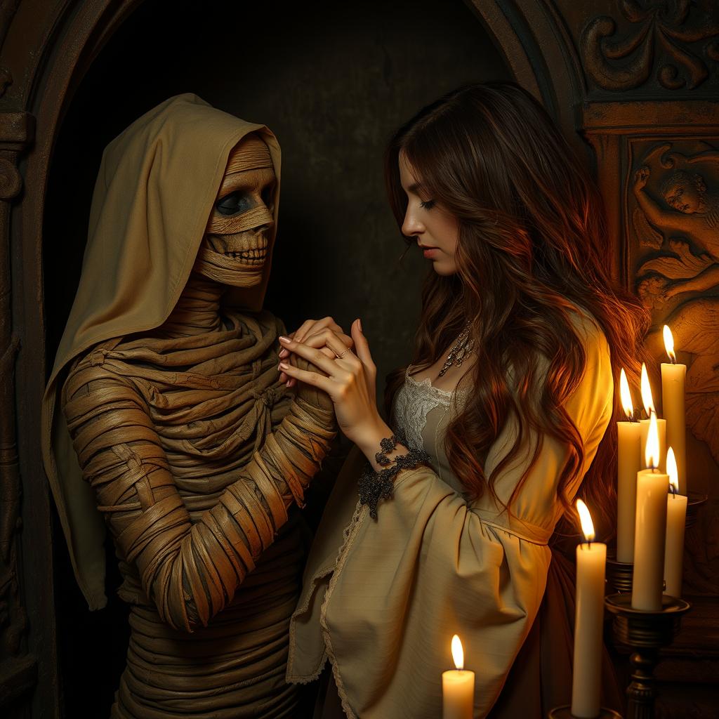 A mystical scene featuring an elegant alumna with long, flowing hair, gracefully eating the hands of a mummy styled as a nun