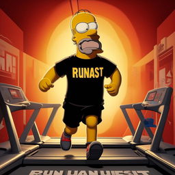 Homer Simpson jogging on a treadmill, clothed in a black vest which displays the phrase 'Runfast'