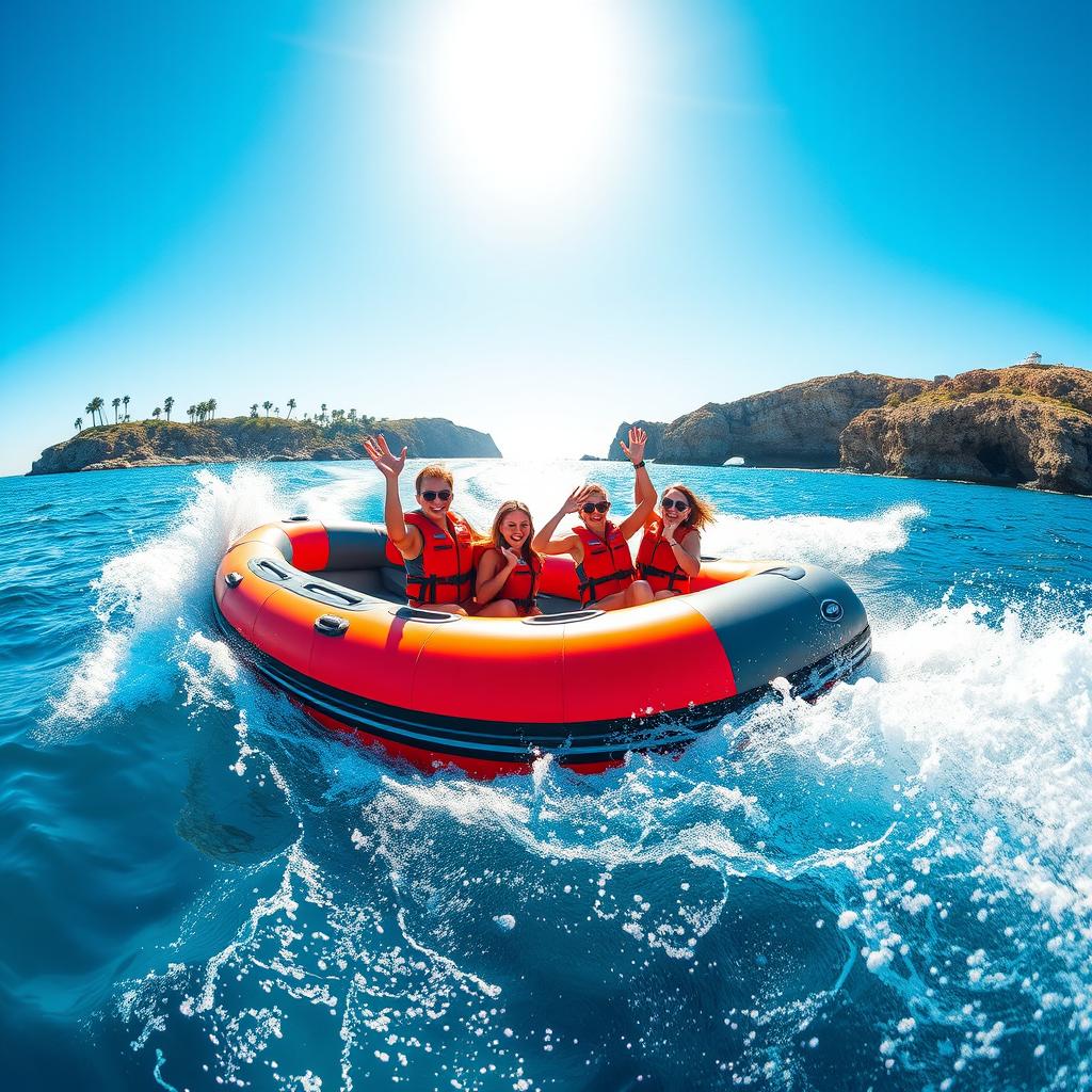 A vibrant and dynamic scene showcasing a bold inflatable rubber dinghy (gommone) speeding across a crystal-clear blue ocean