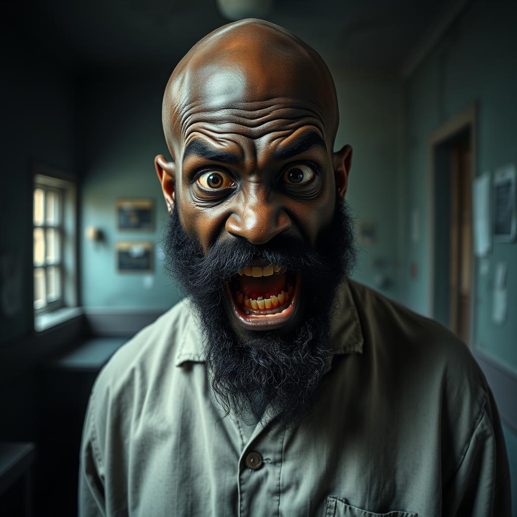 A dramatic scene featuring a black man with a sharp, well-groomed black beard and a completely bald head, dressed in a disheveled asylum gown