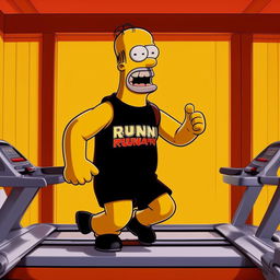 Homer Simpson jogging on a treadmill, clothed in a black vest which displays the phrase 'Runfast'