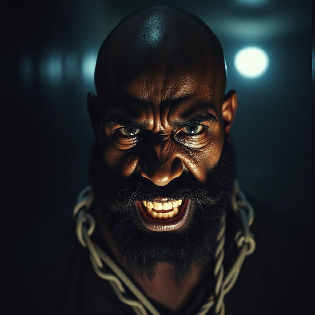 A black man with a black beard, bald head, wearing a straitjacket, showcasing a deranged and psychotic expression