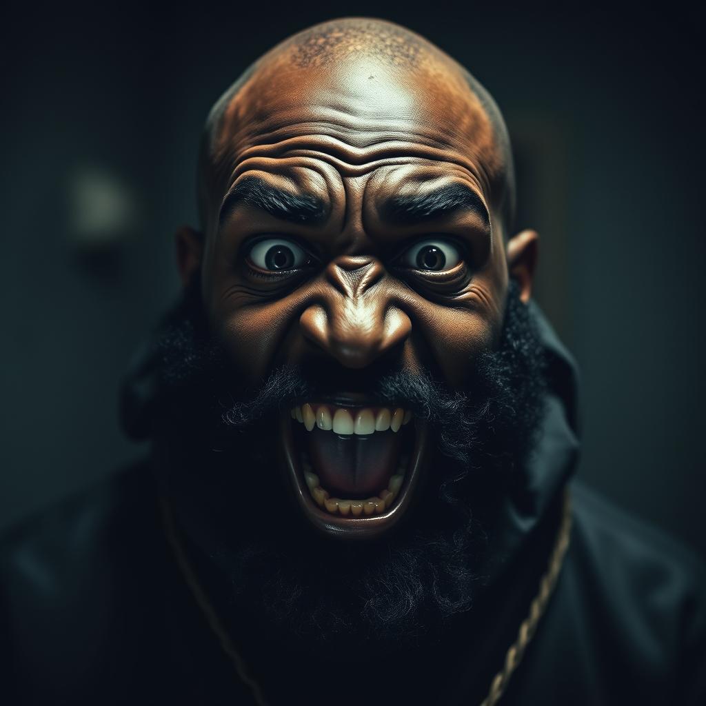 A black man with a black beard, bald head, wearing a straitjacket, exhibiting a wild and psychotic expression
