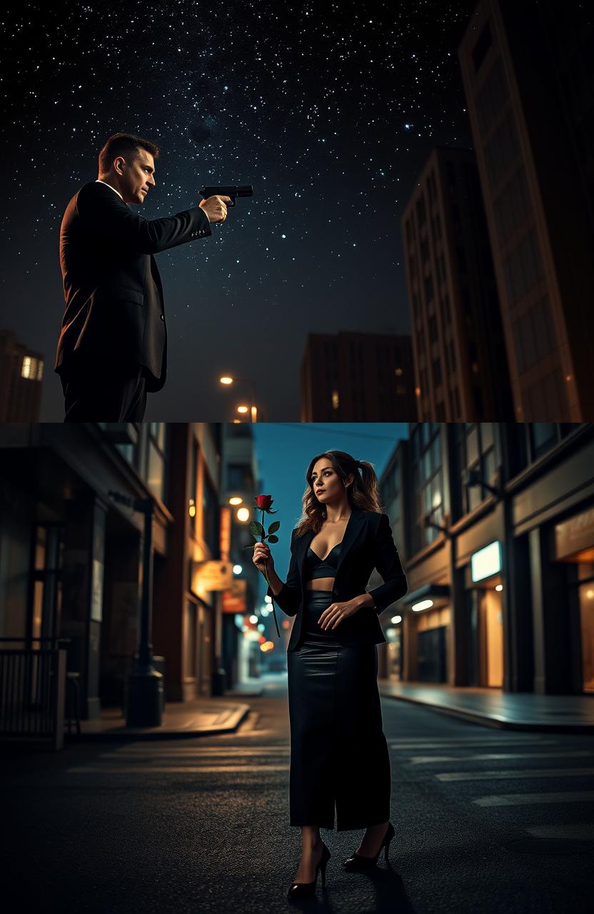 A dramatic scene featuring a man in a formal suit, pointing a gun at a woman kneeling before him on a city street, the tension palpable as night falls around them