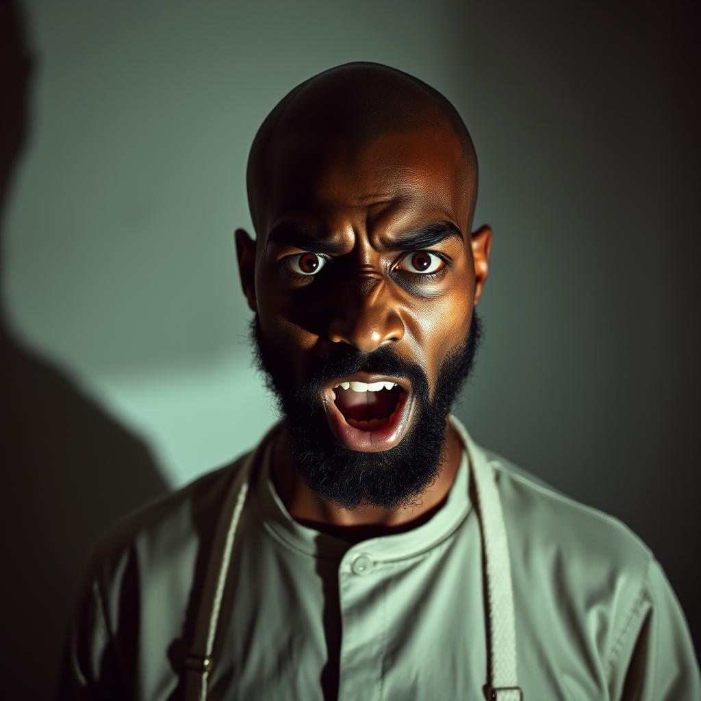 A young black man with a black beard, bald head, wearing a mental institution outfit, displaying a wild and unstable expression