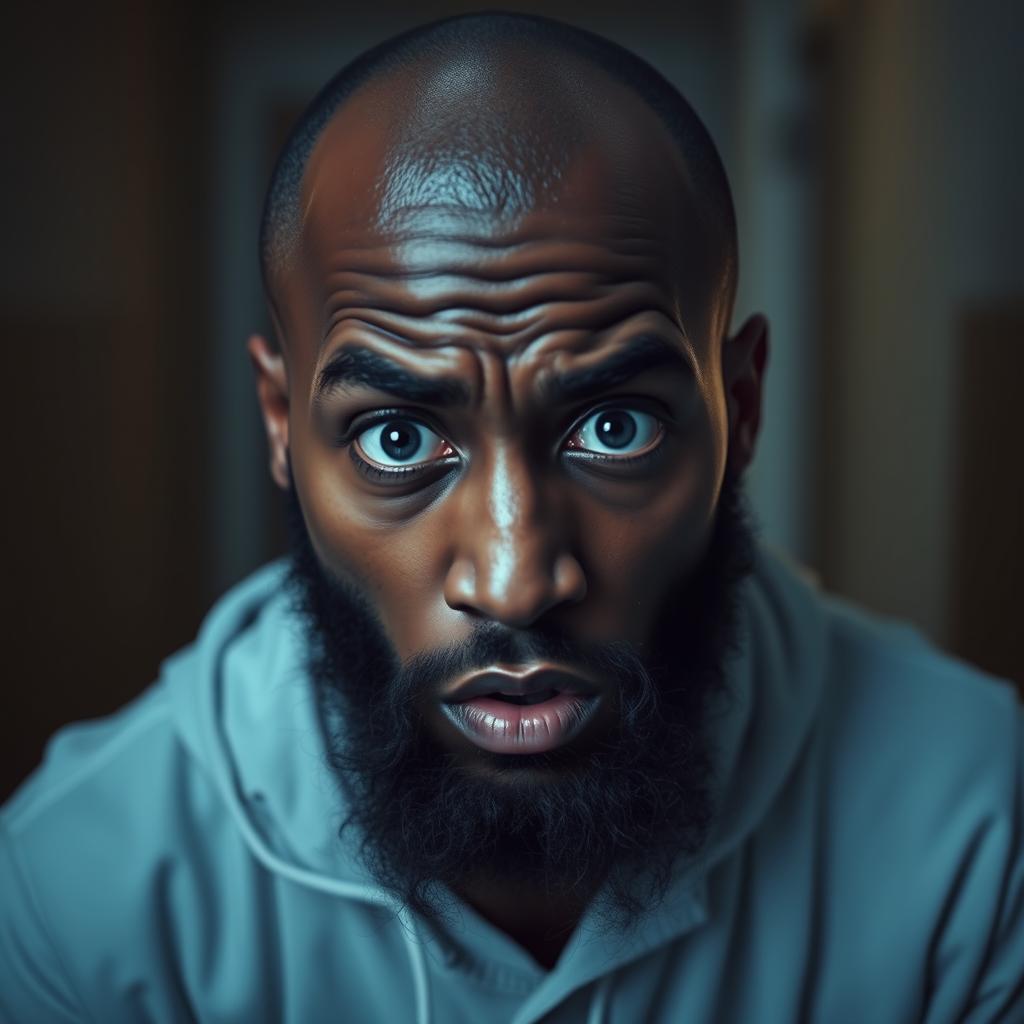 A young black man with a black beard, bald head, wearing a mental institution outfit, presenting a confused and intense expression that reflects a state of psychosis
