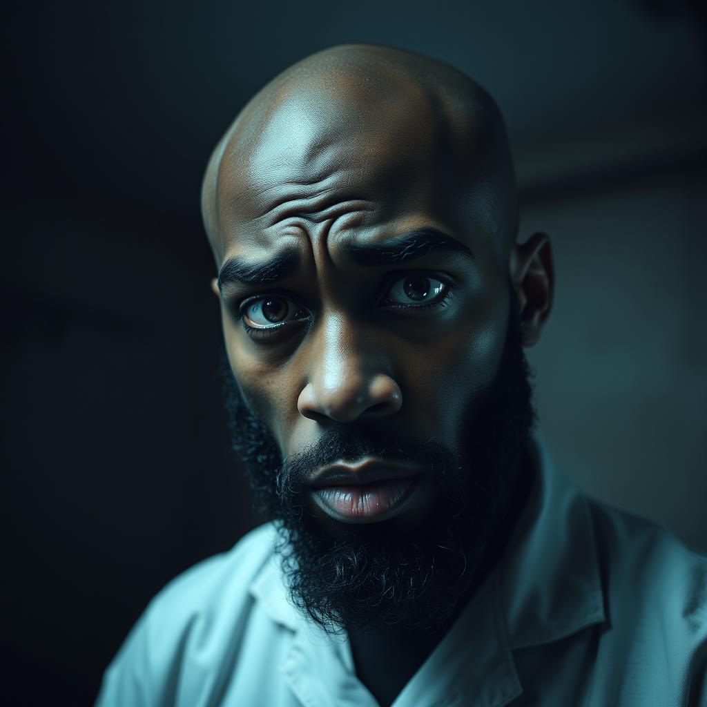 A young black man with a black beard, bald head, dressed in a mental institution outfit, showcasing an expression of deep confusion and intensity associated with schizophrenia