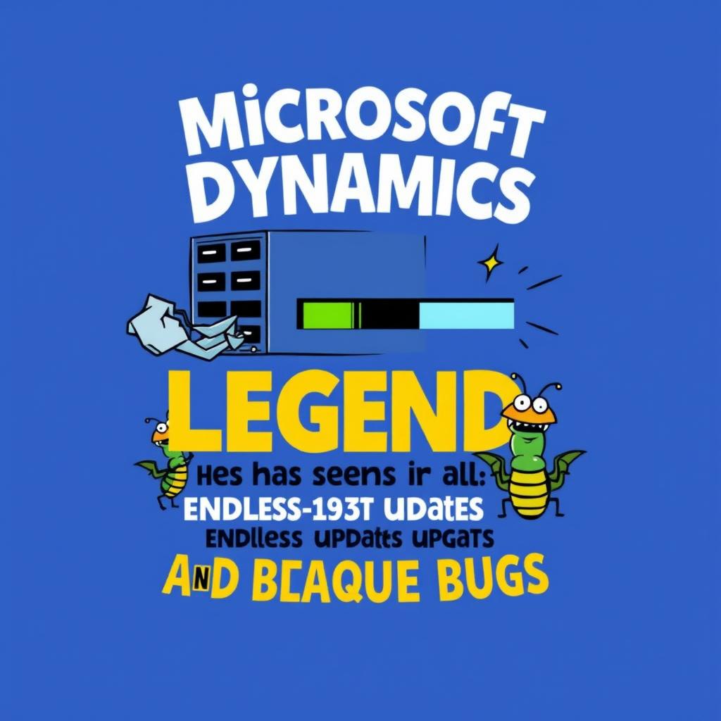 A graphic design for a humorous T-shirt featuring the text 'Microsoft Dynamics Legend - For more than 25 years, he has seen it all: server crashes, endless updates, and bizarre bugs'
