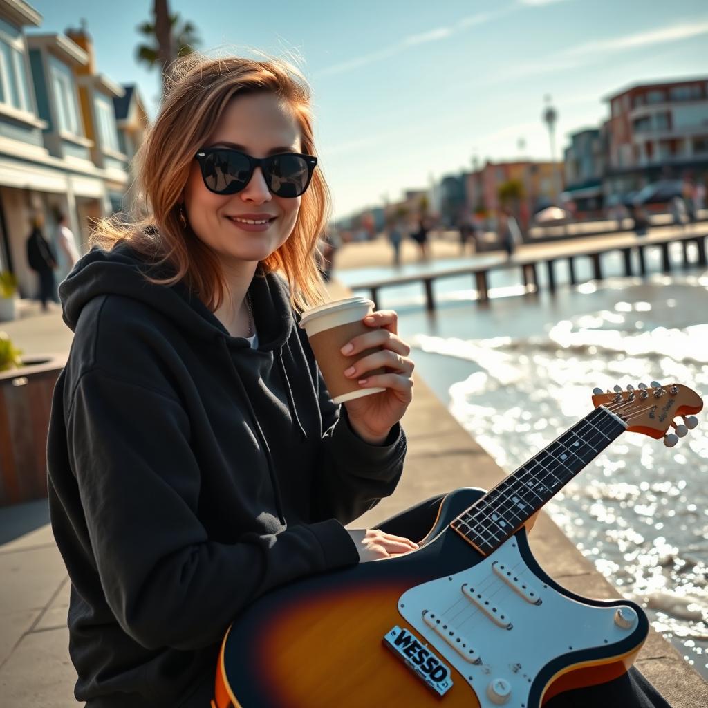 A 35-year-old woman wearing a comfortable black hoodie is sipping coffee while sitting beside an electric guitar on a picturesque seaside street