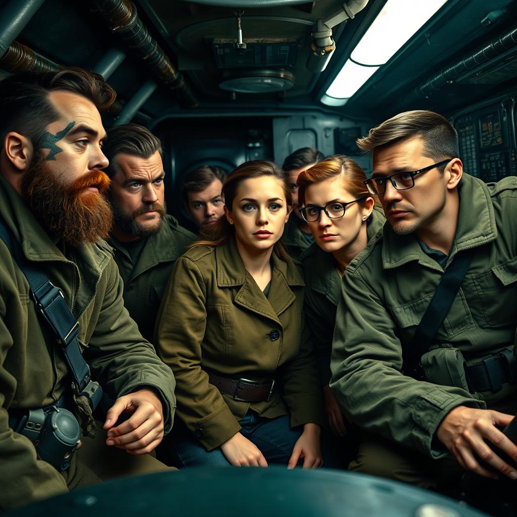 A dynamic scene set on a World War II submarine, featuring a group of diverse soldiers in period-appropriate fighting attire