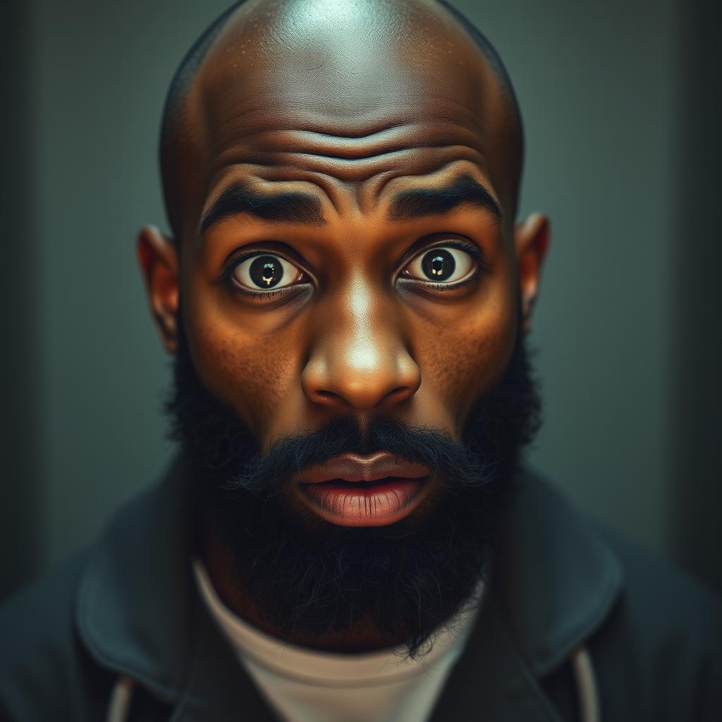 A young black man with a black beard, bald head, dressed in a mental institution outfit, displaying a facial expression that reflects confusion and intensity typical of schizophrenia